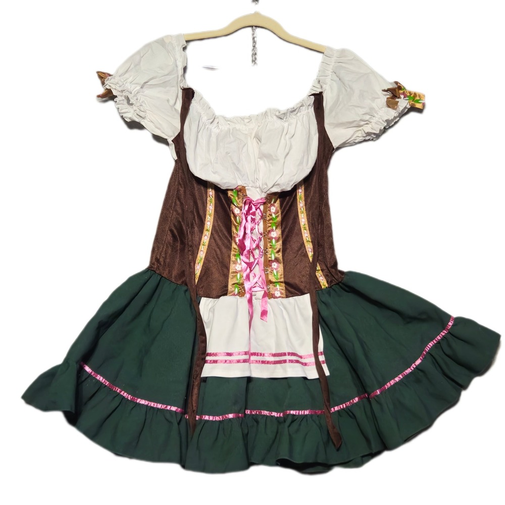 Leg Avenue Dirndl Dress Womens M Green Brown Oktoberfest Gretchen Costume Floral